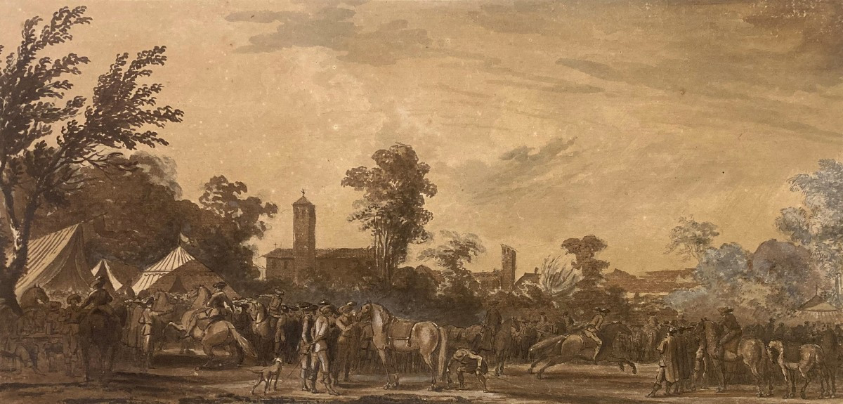 French School, 18th Century "figures And Horses" Drawing/pen, Brown Wash And White Highlights