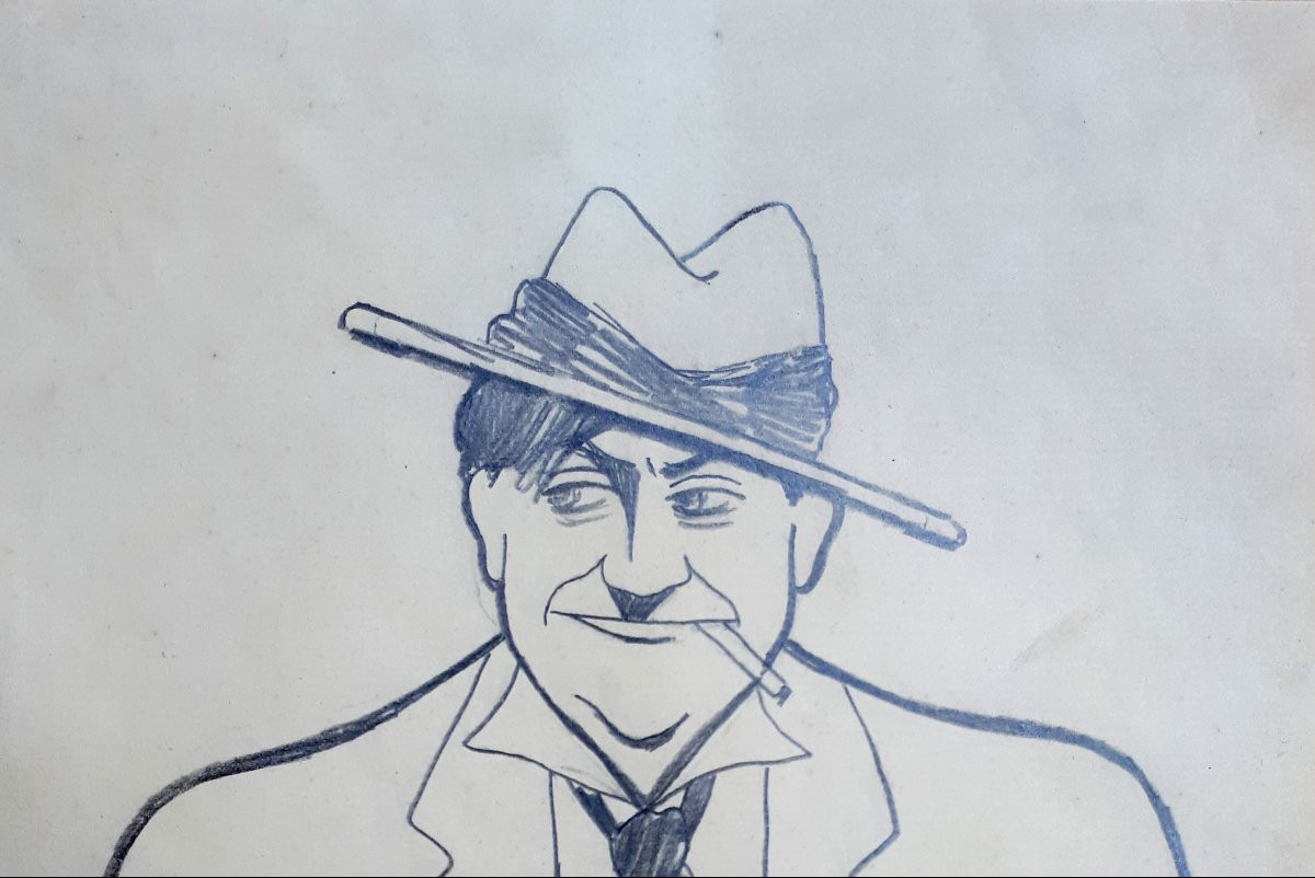 Sacha Guitry (1885-1957) "self-portrait" Black Pencil Drawing, Signed, 19th-century Frame-photo-2