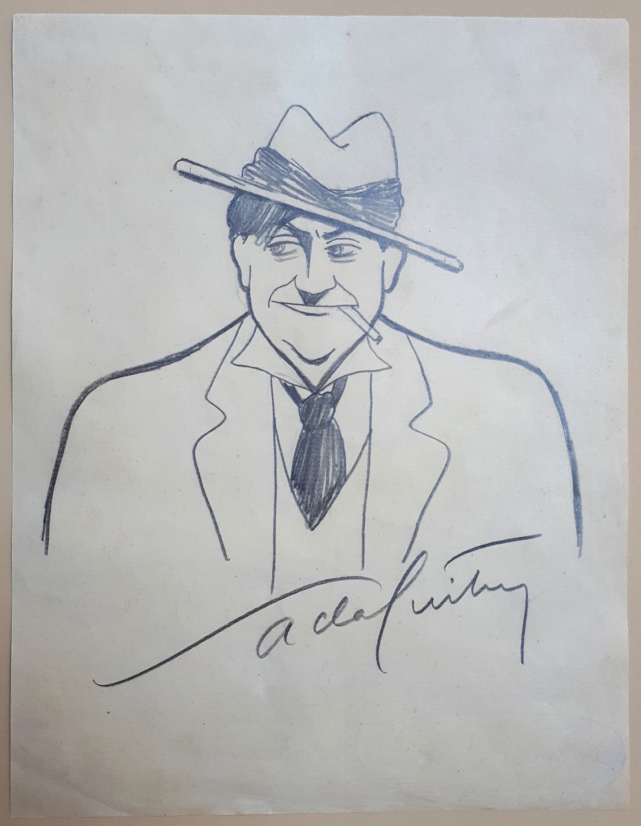 Sacha Guitry (1885-1957) "self-portrait" Black Pencil Drawing, Signed, 19th-century Frame