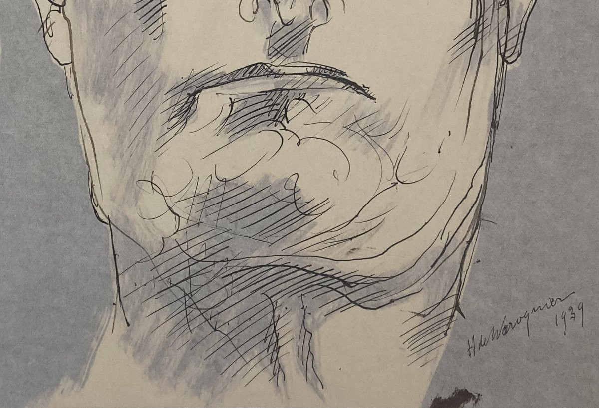 WAROQUIER DE Henry (1881-1970) "Tête d'homme" Dessin/Plume et lavis d'encre, Signé et daté-photo-3