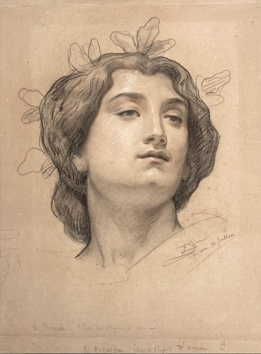 BARRIAS Félix (1822-1907) Tête de femme" Dessin/Crayon noir, sanguine et craie blanche, Signé-photo-2