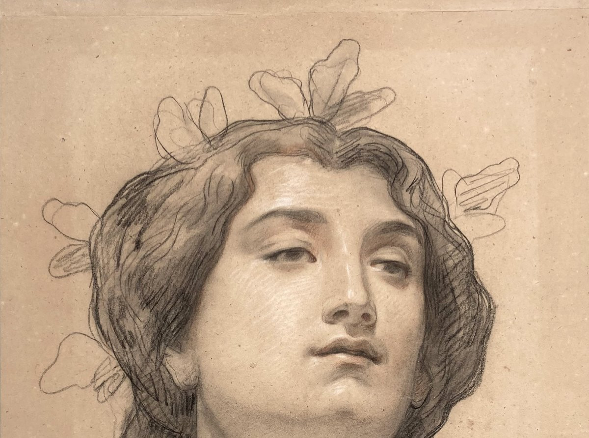BARRIAS Félix (1822-1907) Tête de femme" Dessin/Crayon noir, sanguine et craie blanche, Signé-photo-3