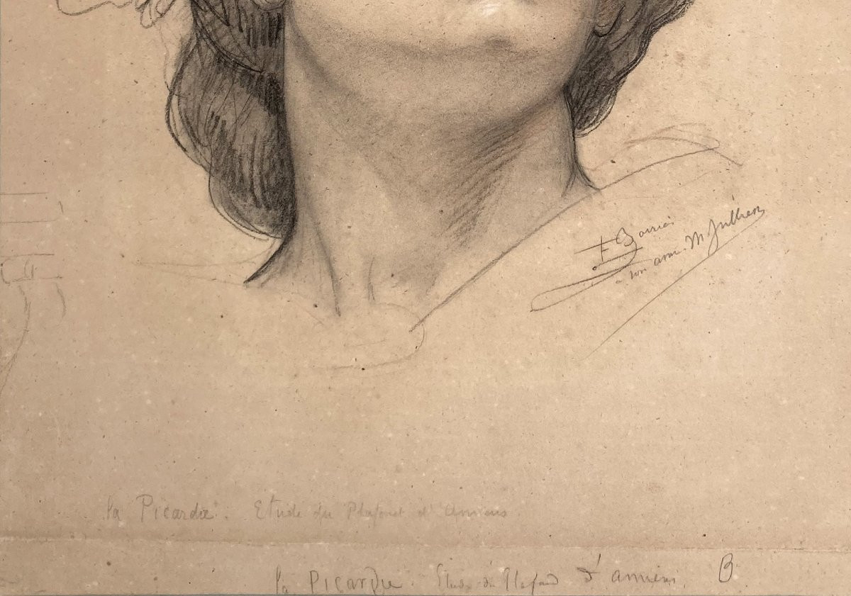 BARRIAS Félix (1822-1907) Tête de femme" Dessin/Crayon noir, sanguine et craie blanche, Signé-photo-4
