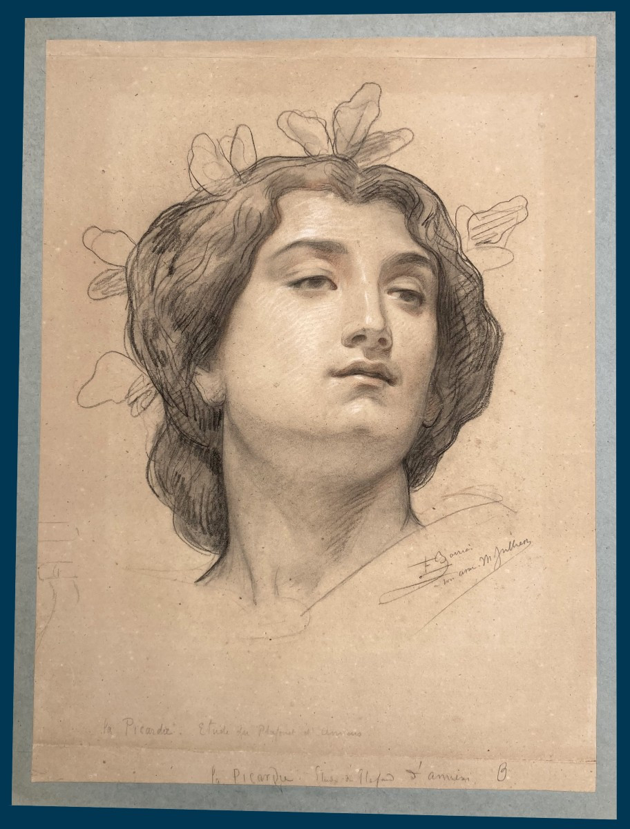 BARRIAS Félix (1822-1907) Tête de femme" Dessin/Crayon noir, sanguine et craie blanche, Signé