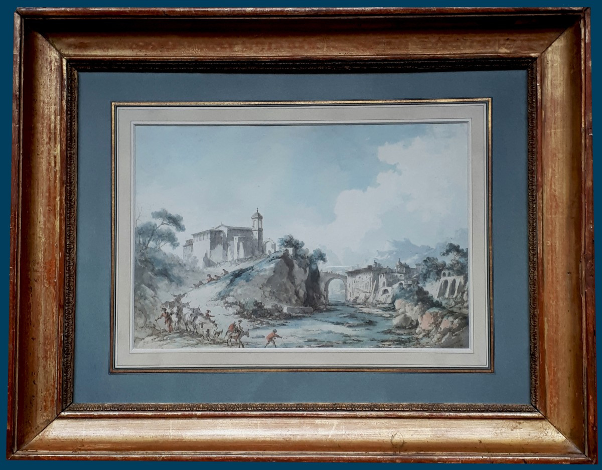 Chatelet Claude Louis (1753-1795) "landscape Of Italy" Drawing/pen And Watercolor, 19th Frame