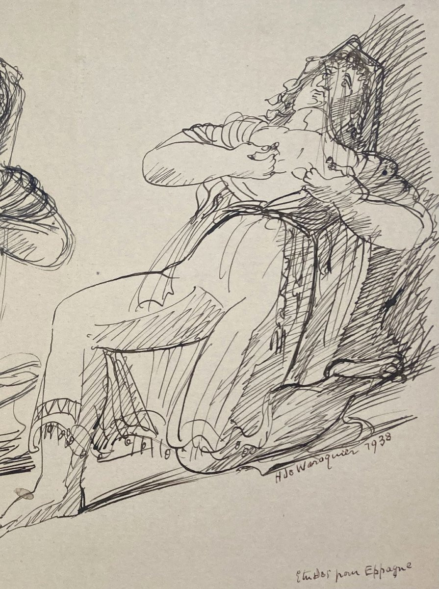 WAROQUIER DE Henry (1881-1970) "Etude pour l'Espagne" Dessin à la plume, Signé et daté-photo-3