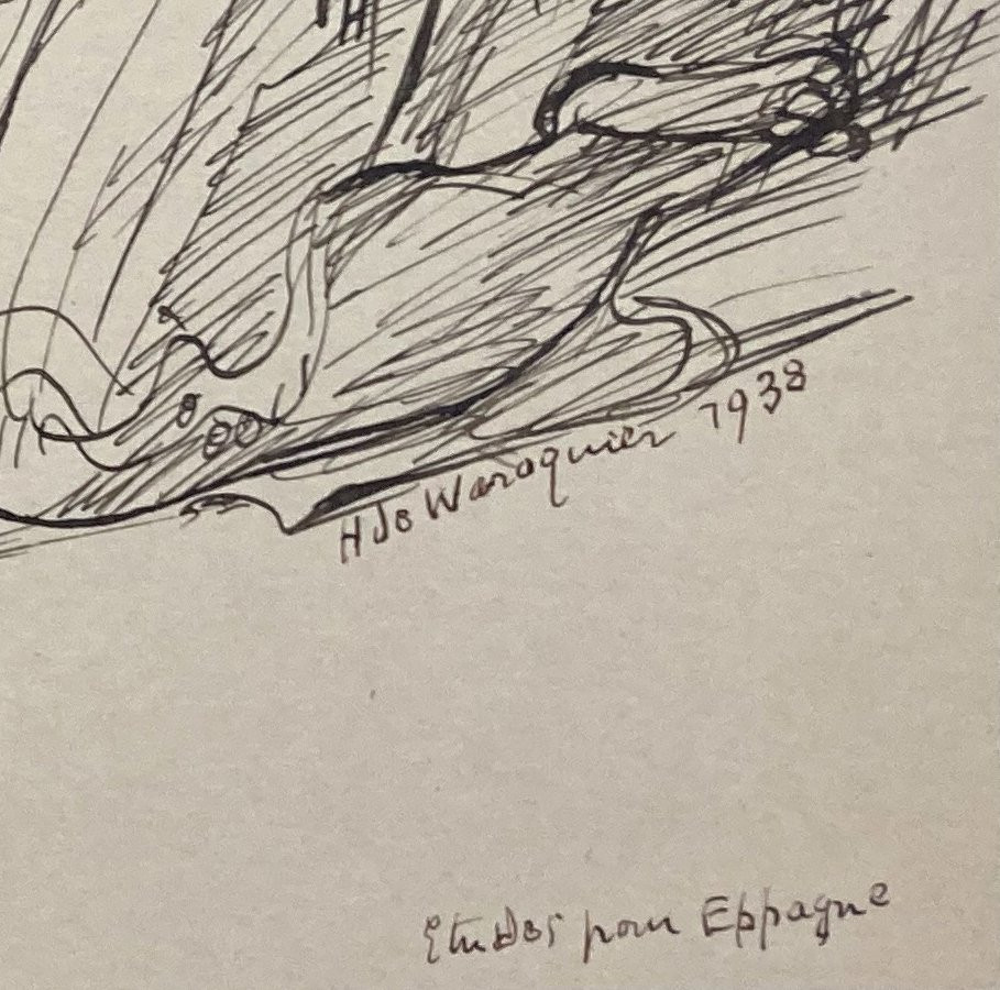 WAROQUIER DE Henry (1881-1970) "Etude pour l'Espagne" Dessin à la plume, Signé et daté-photo-4