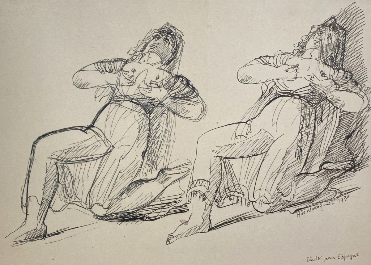 WAROQUIER DE Henry (1881-1970) "Etude pour l'Espagne" Dessin à la plume, Signé et daté