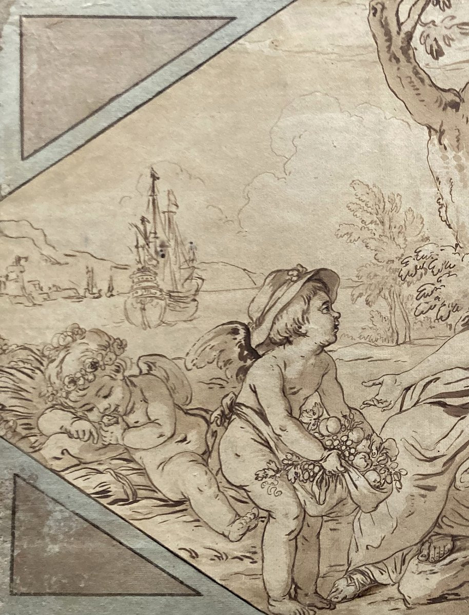 French School, Early 18th Century "allegory Of Abundance" Drawing/pen,brown Wash,antique Mount-photo-2