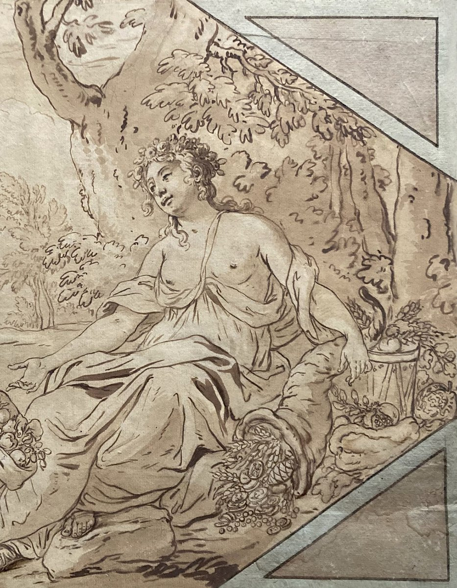 French School, Early 18th Century "allegory Of Abundance" Drawing/pen,brown Wash,antique Mount-photo-3