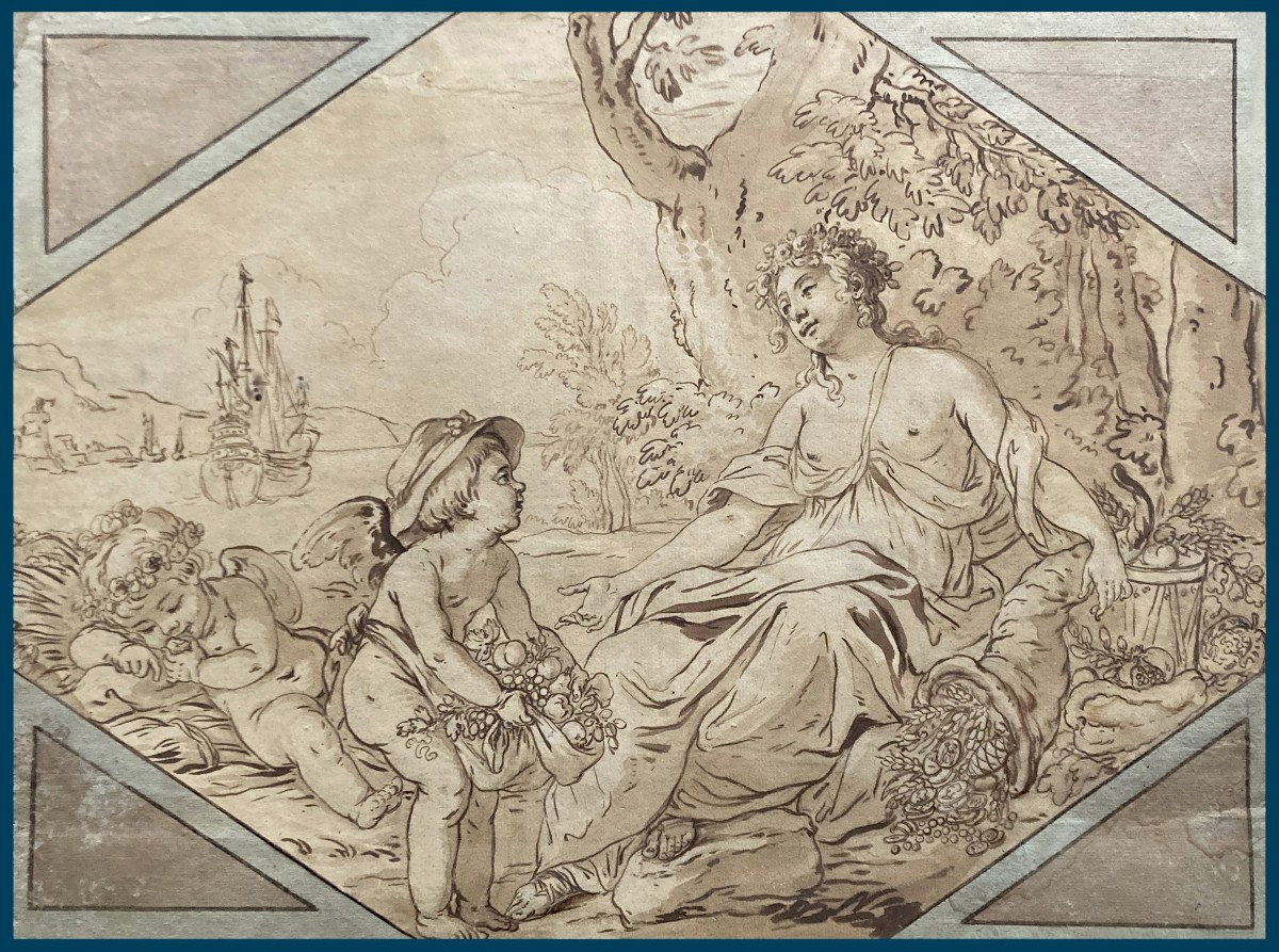 French School, Early 18th Century "allegory Of Abundance" Drawing/pen,brown Wash,antique Mount