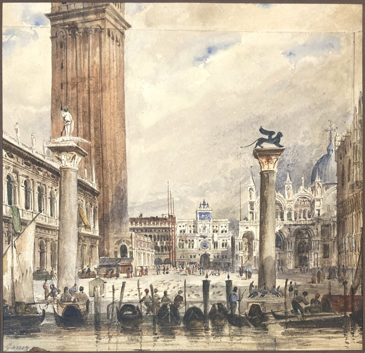 Garrez Pierre-joseph (1802-1852) "place St Marc, Venice" Watercolor, Signed-photo-2