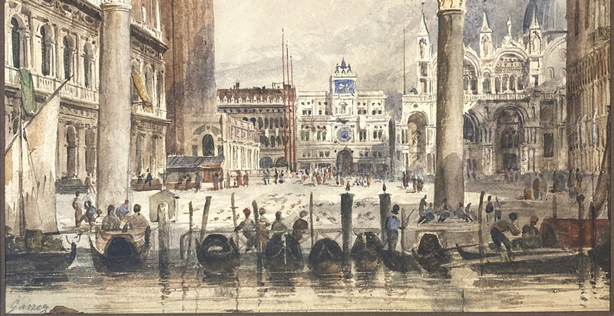 Garrez Pierre-joseph (1802-1852) "place St Marc, Venice" Watercolor, Signed-photo-3