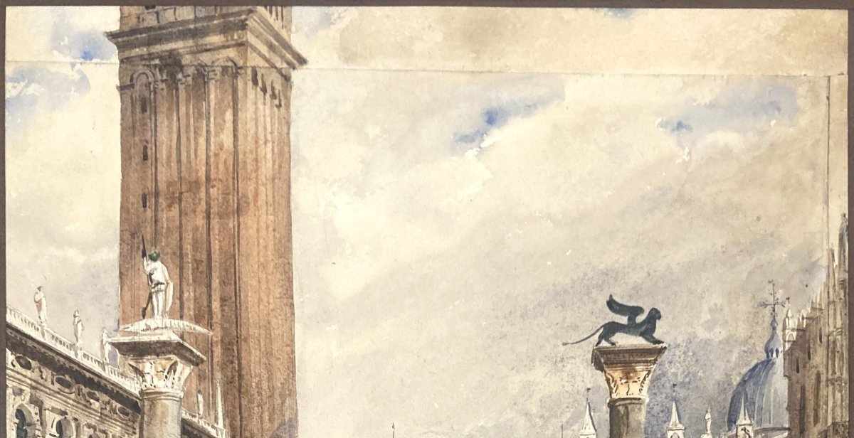 Garrez Pierre-joseph (1802-1852) "place St Marc, Venice" Watercolor, Signed-photo-4