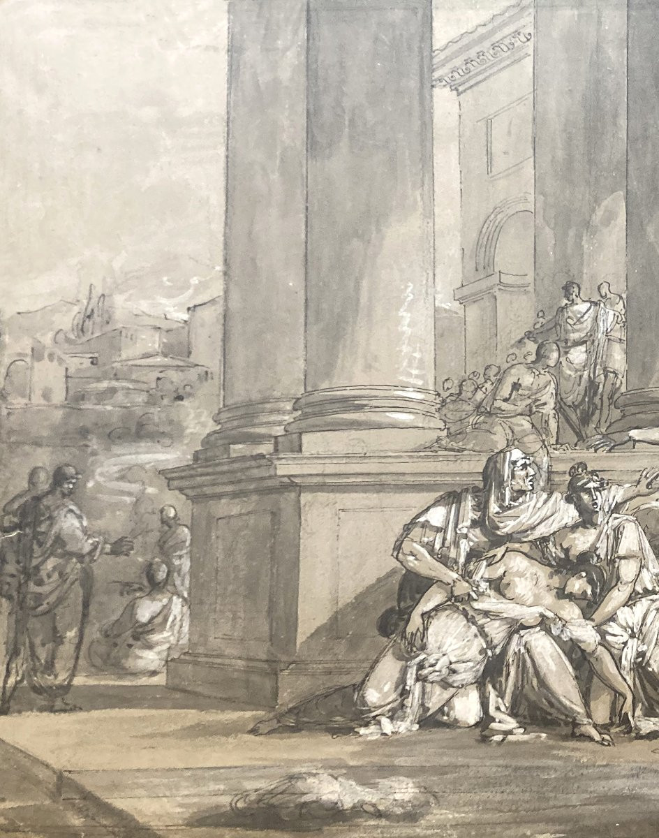 French School Late 18th Century "the Death Of Lucretia" Pen Drawing, Ink Wash And White Gouache-photo-2