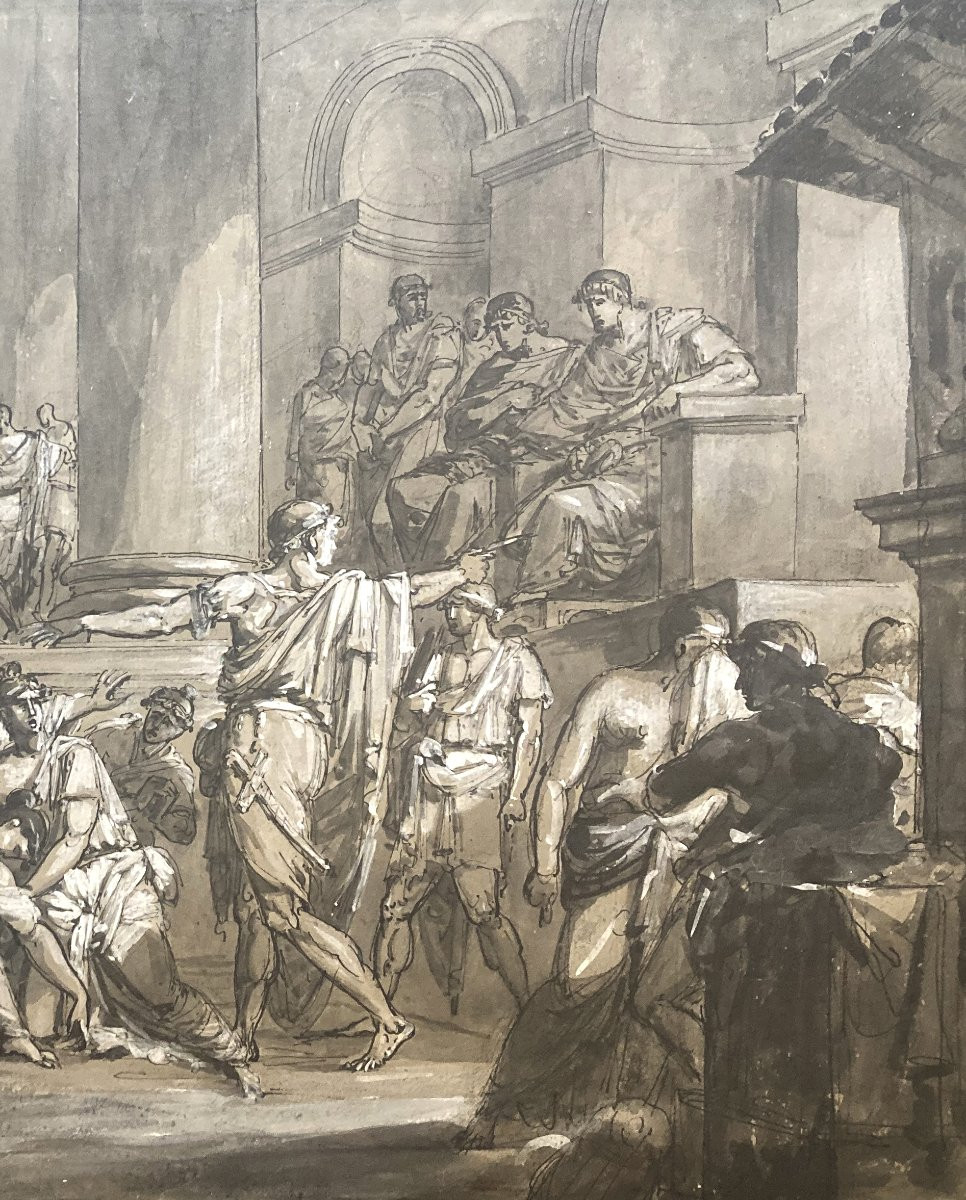 French School Late 18th Century "the Death Of Lucretia" Pen Drawing, Ink Wash And White Gouache-photo-3