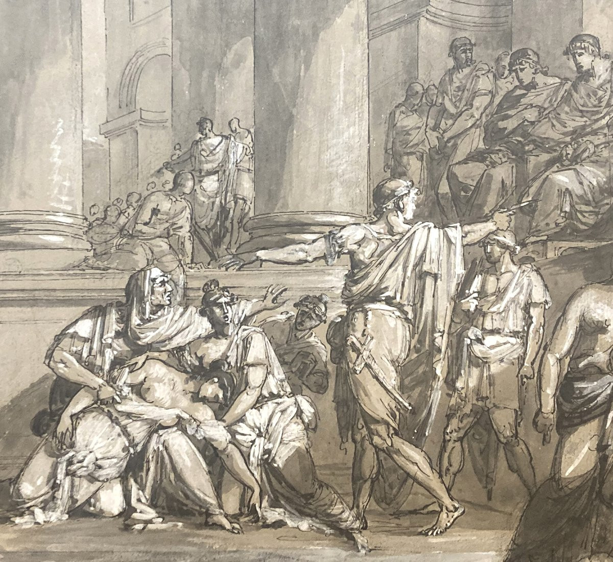 French School Late 18th Century "the Death Of Lucretia" Pen Drawing, Ink Wash And White Gouache-photo-4