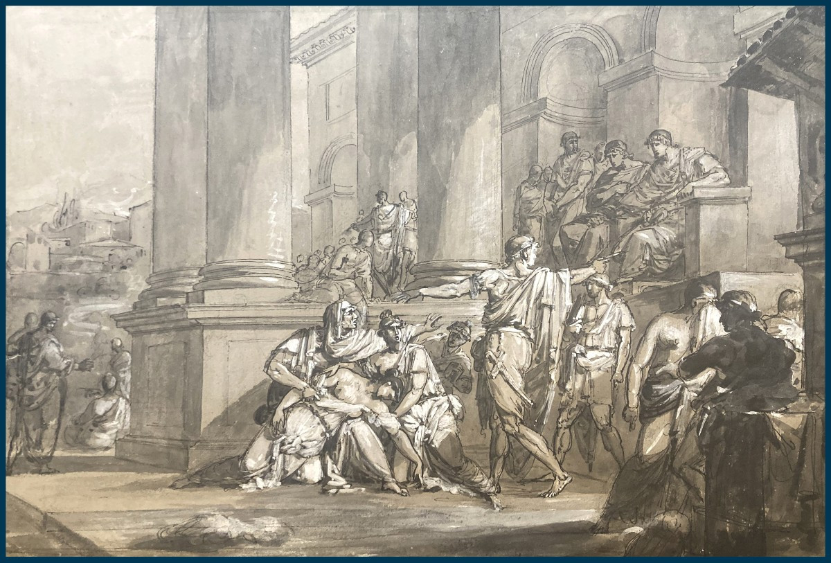 French School Late 18th Century "the Death Of Lucretia" Pen Drawing, Ink Wash And White Gouache