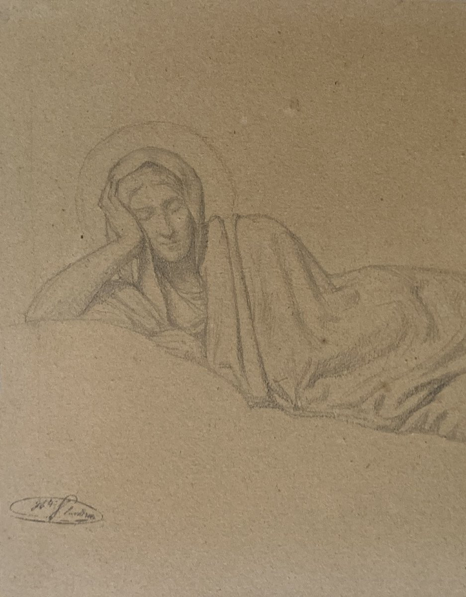 FLANDRIN Hippolyte (1809-1864) "Sainte allongée" Dessin/Crayon noir, Porte le cachet -photo-2