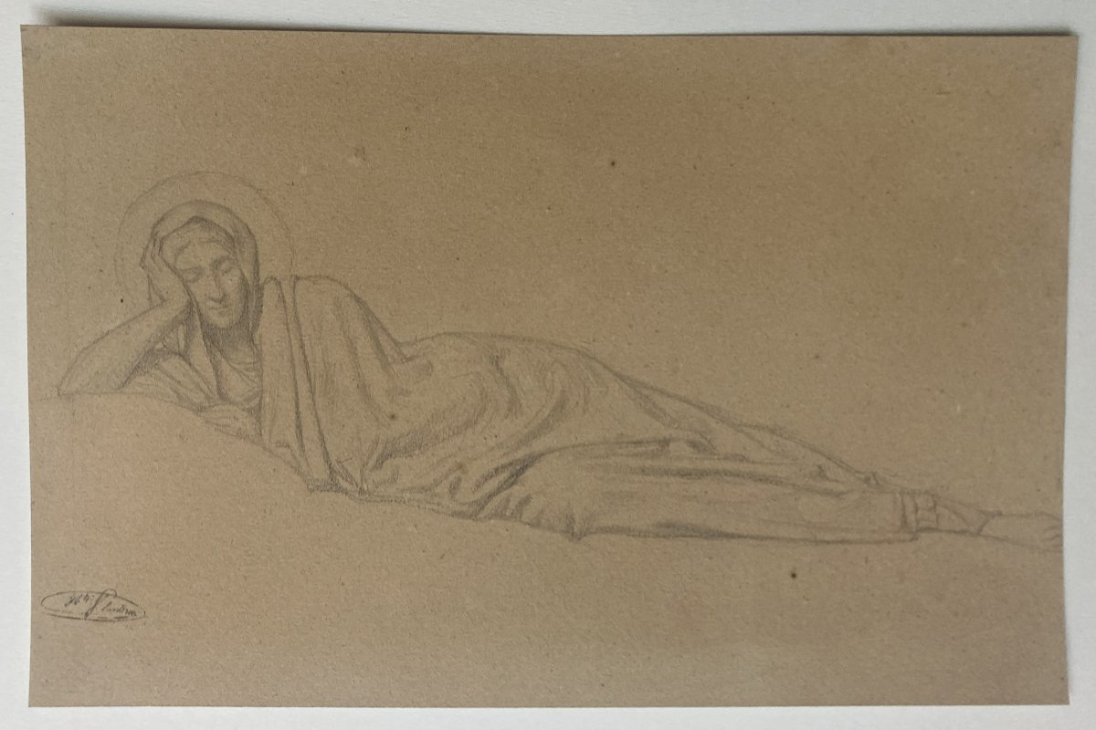 FLANDRIN Hippolyte (1809-1864) "Sainte allongée" Dessin/Crayon noir, Porte le cachet -photo-4