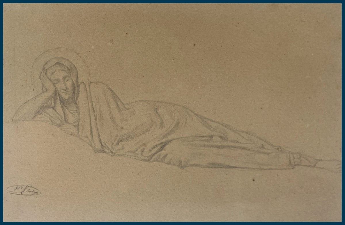 FLANDRIN Hippolyte (1809-1864) "Sainte allongée" Dessin/Crayon noir, Porte le cachet 