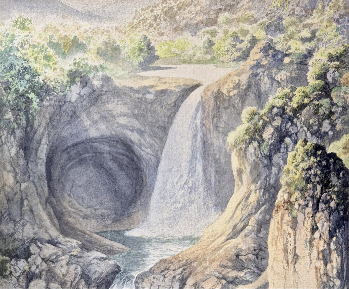 Léon Jim (1938-2002) "Paysage à la cascade et rivière" Dessin à l'aquarelle, Signé et daté-photo-2