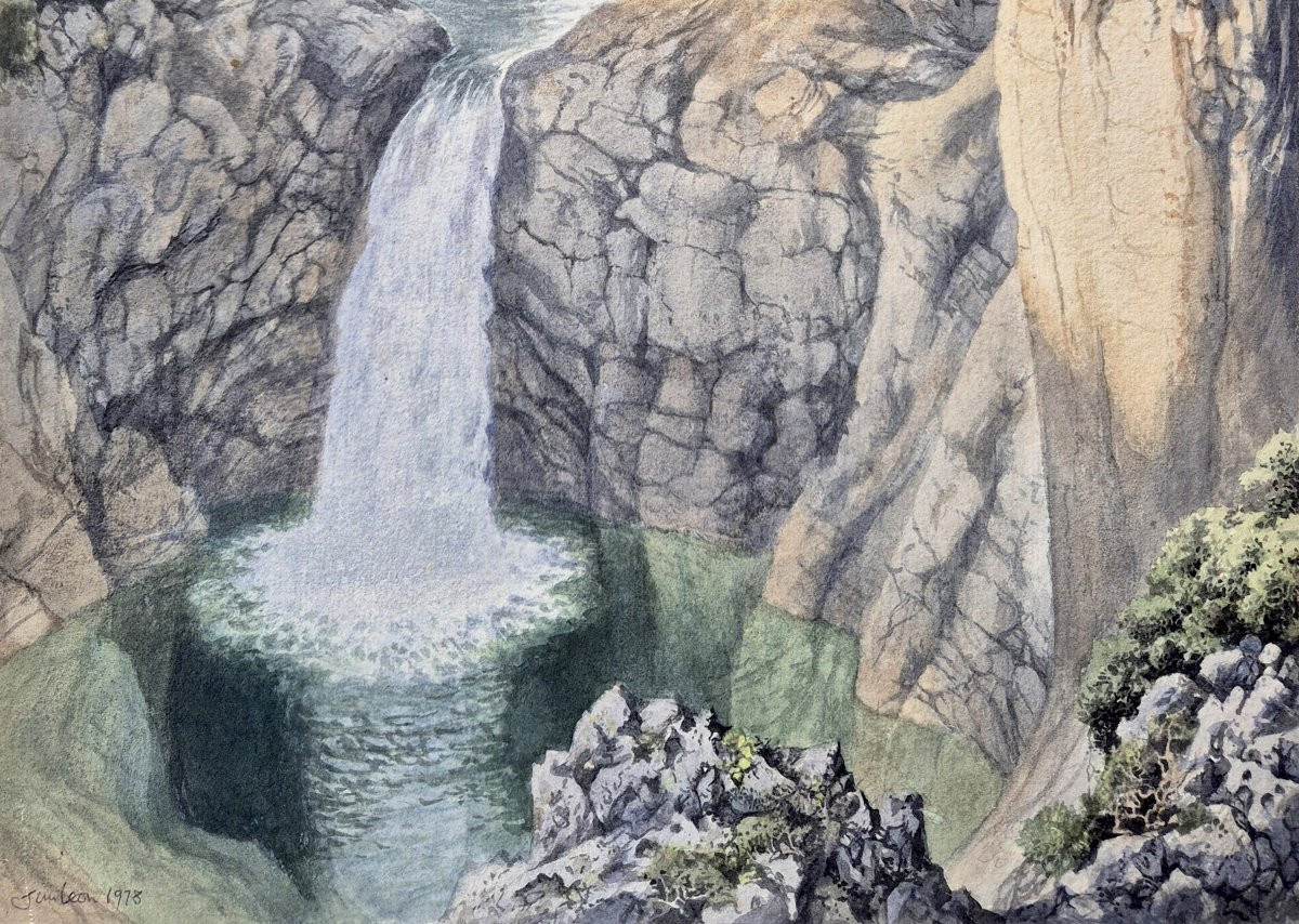 Léon Jim (1938-2002) "Paysage à la cascade et rivière" Dessin à l'aquarelle, Signé et daté-photo-3