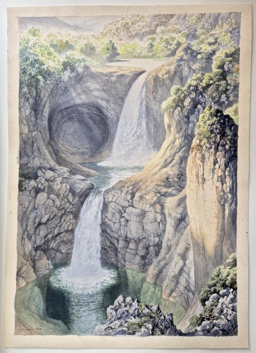Léon Jim (1938-2002) "Paysage à la cascade et rivière" Dessin à l'aquarelle, Signé et daté-photo-4