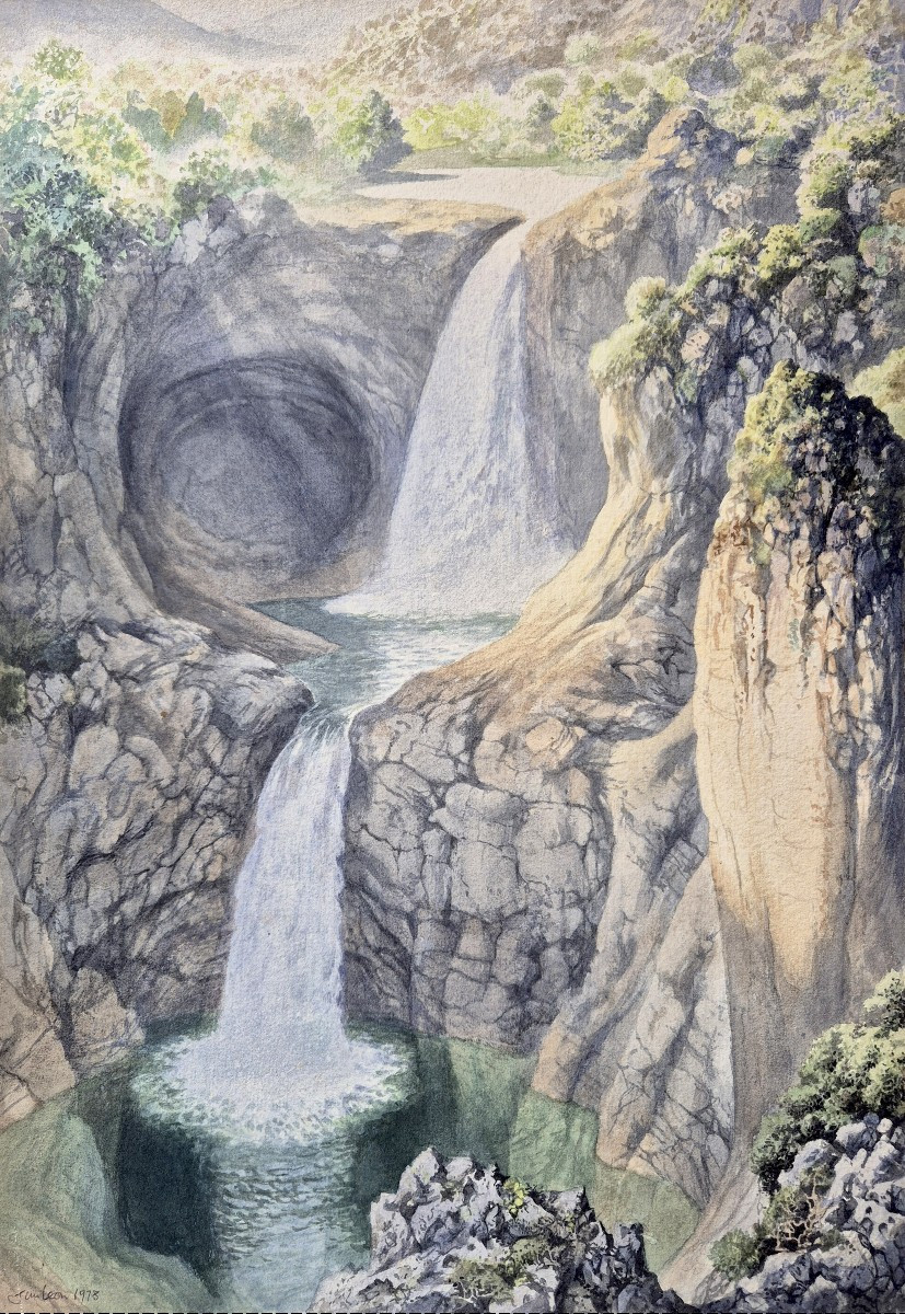 Léon Jim (1938-2002) "Paysage à la cascade et rivière" Dessin à l'aquarelle, Signé et daté