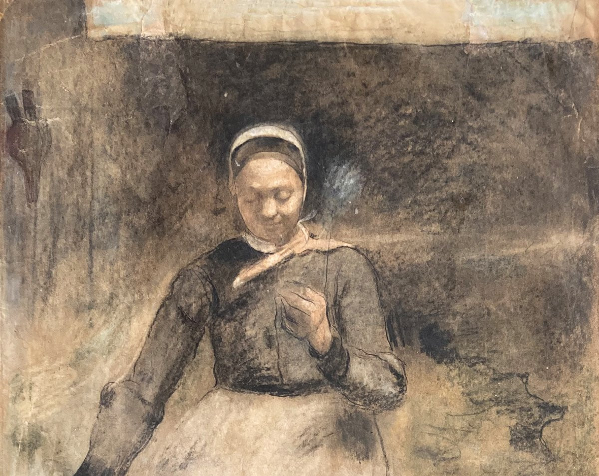 Milcendeau Charles (1872-1919) "woman At Work" Drawing/black Pencil, Pastel, Signed And Dated-photo-2