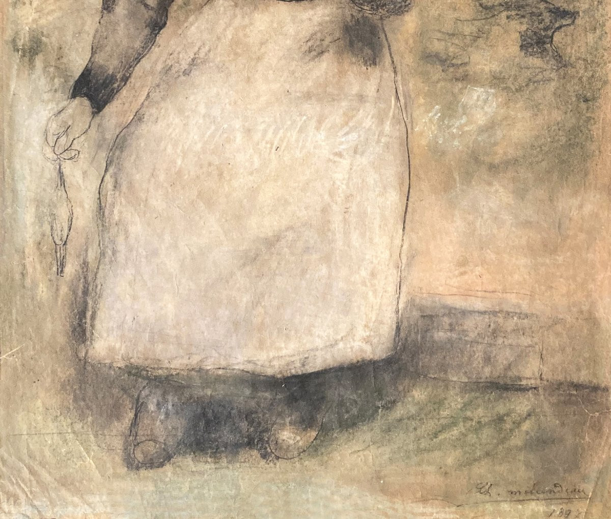 Milcendeau Charles (1872-1919) "woman At Work" Drawing/black Pencil, Pastel, Signed And Dated-photo-3