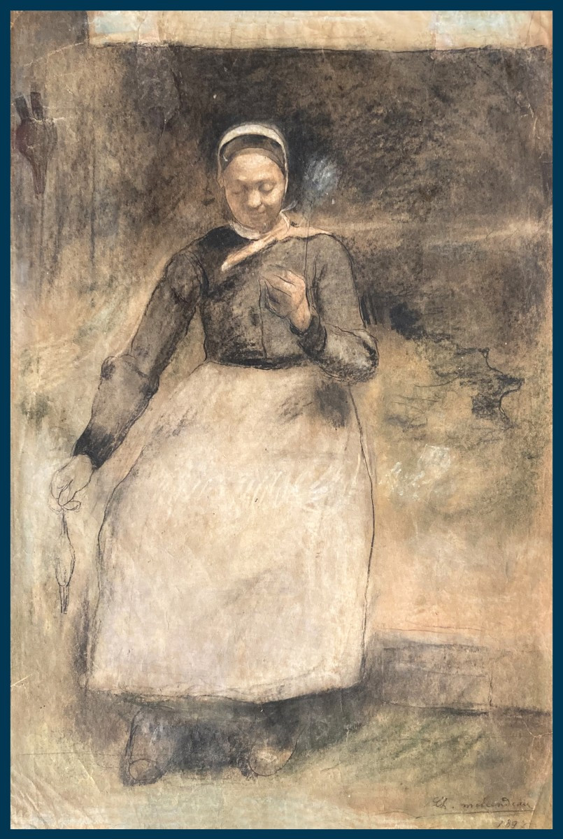 Milcendeau Charles (1872-1919) "woman At Work" Drawing/black Pencil, Pastel, Signed And Dated