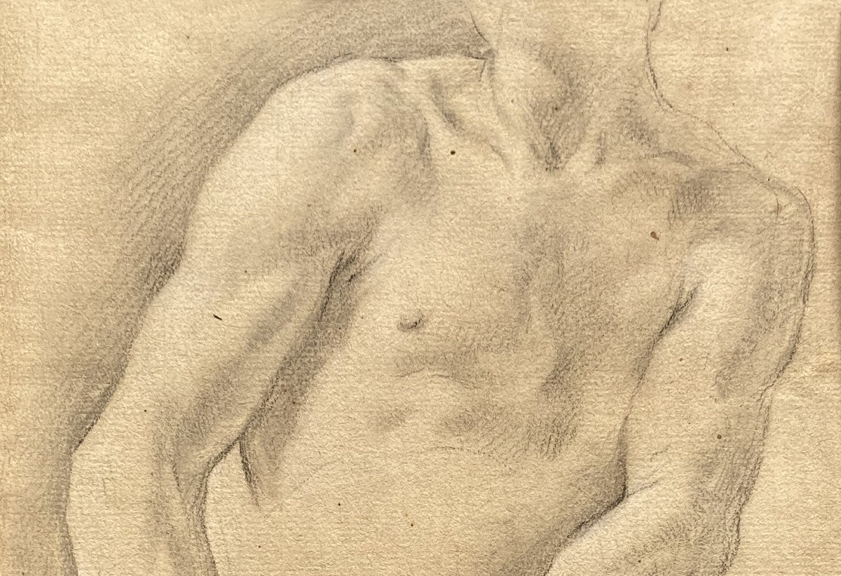 ECOLE FRANCAISE 18E SIECLE "Torse et bras" Dessin à la pierre noire, Cadre bois doré époque 18e-photo-2
