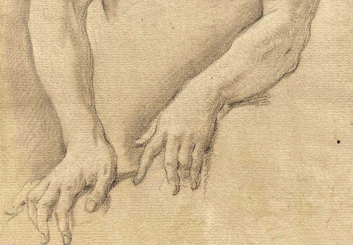 ECOLE FRANCAISE 18E SIECLE "Torse et bras" Dessin à la pierre noire, Cadre bois doré époque 18e-photo-3