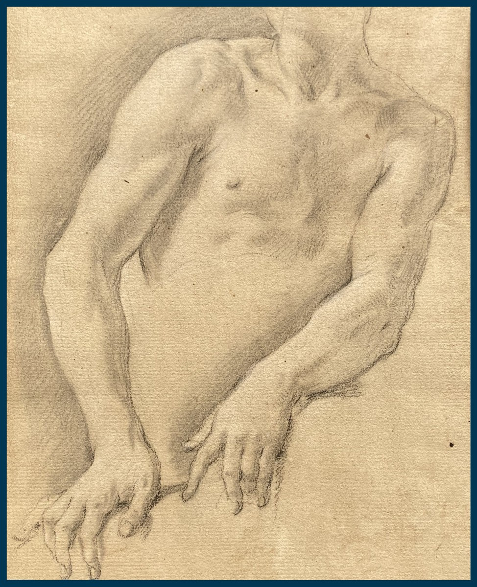 ECOLE FRANCAISE 18E SIECLE "Torse et bras" Dessin à la pierre noire, Cadre bois doré époque 18e