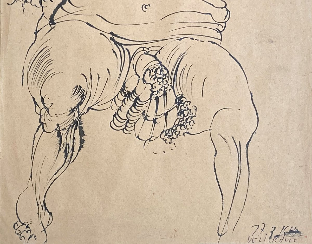 Velickovic Vladimir (1935-2019) "fantastic Figure" Drawing/black Ink, Signed And Dated-photo-3