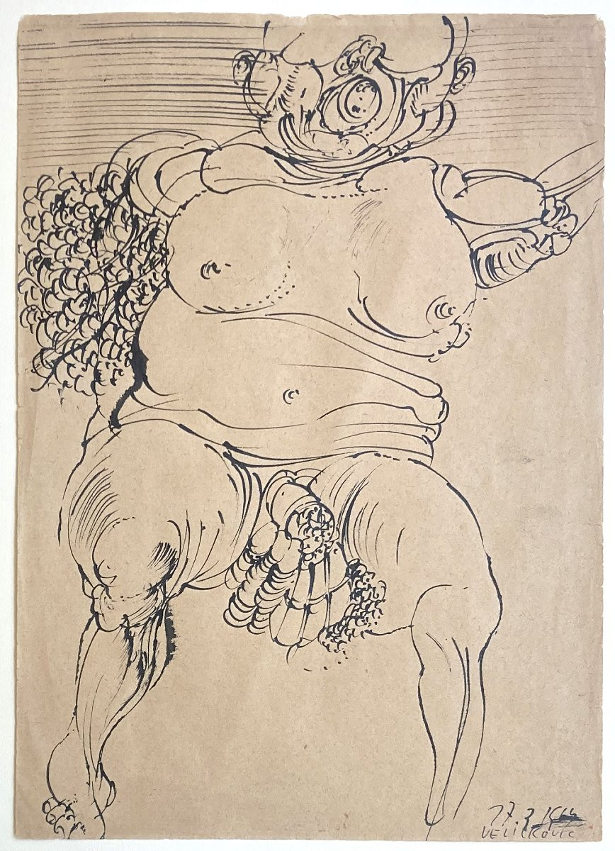 Velickovic Vladimir (1935-2019) "fantastic Figure" Drawing/black Ink, Signed And Dated-photo-4