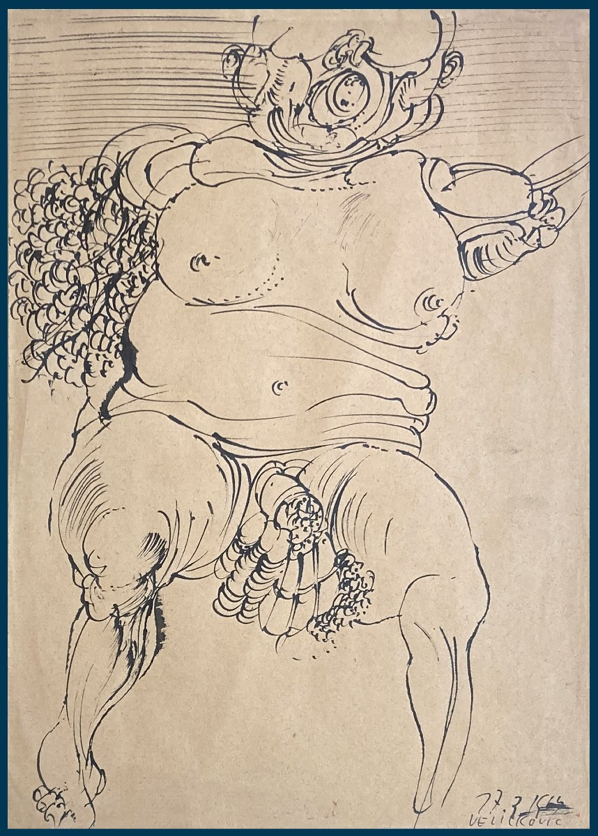 Velickovic Vladimir (1935-2019) "fantastic Figure" Drawing/black Ink, Signed And Dated