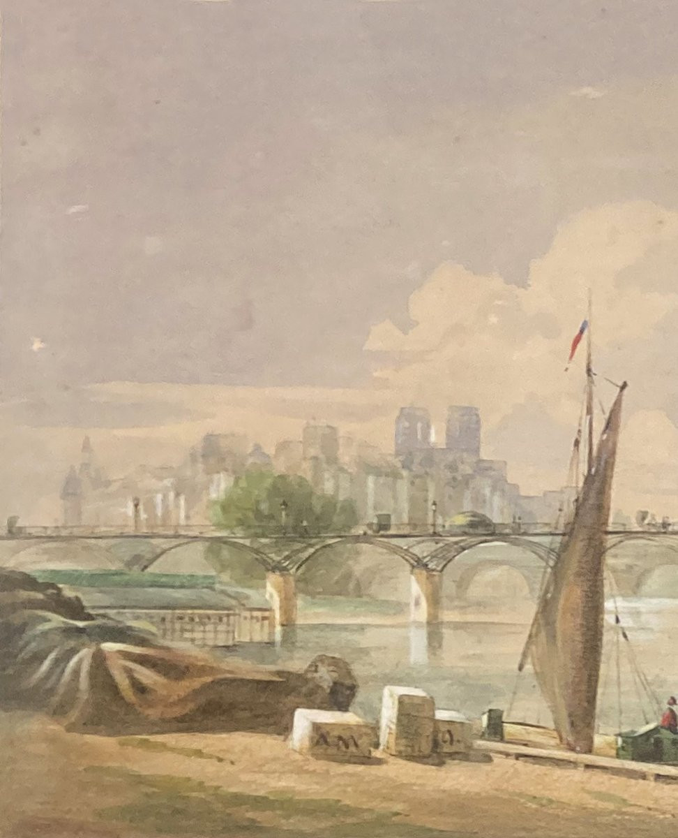 Nimmo Edwart (19th Century) "le Pont Des Arts, Paris" Watercolor, Signed And Dated-photo-2