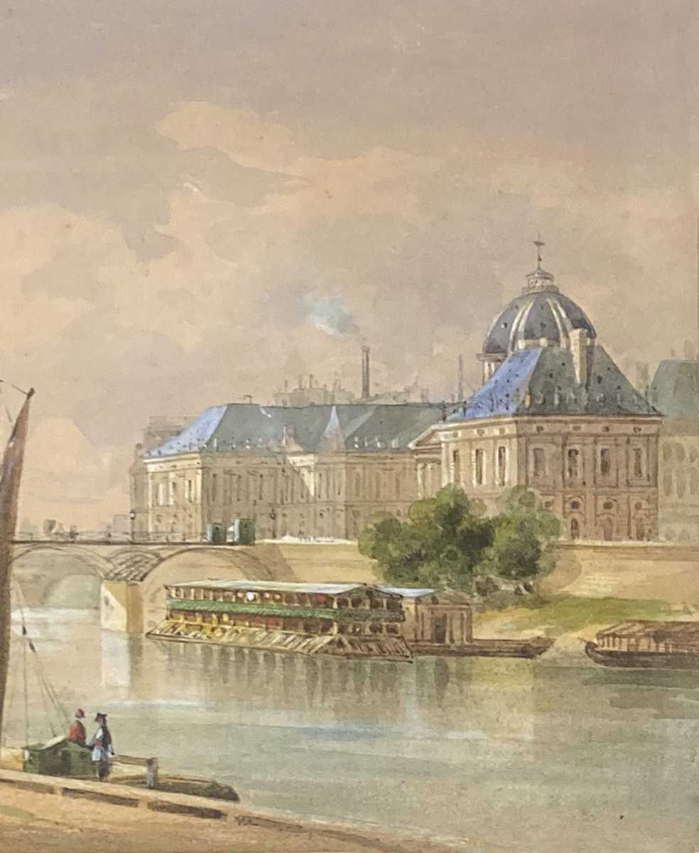 Nimmo Edwart (19th Century) "le Pont Des Arts, Paris" Watercolor, Signed And Dated-photo-3