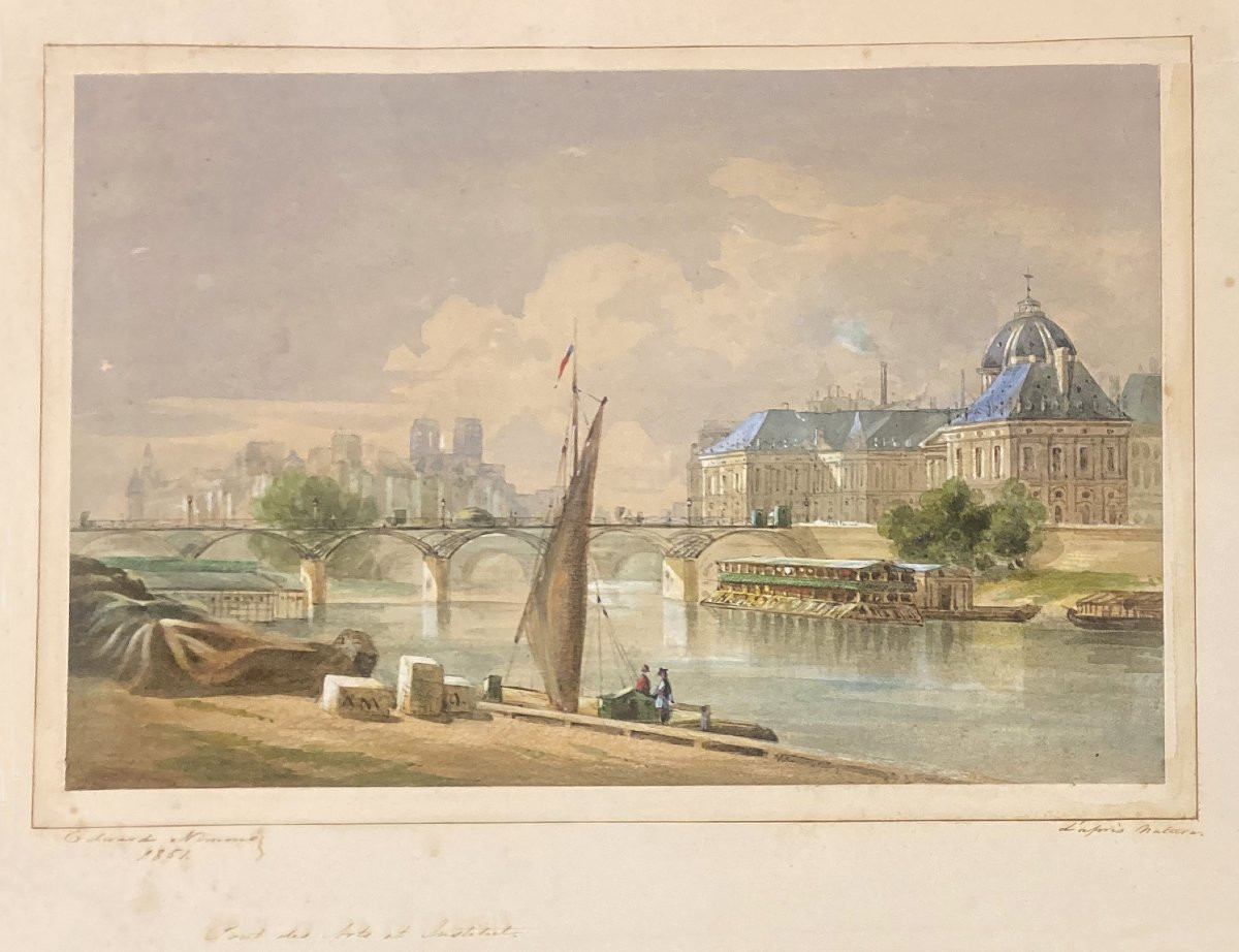 Nimmo Edwart (19th Century) "le Pont Des Arts, Paris" Watercolor, Signed And Dated-photo-4