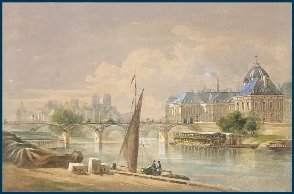 Nimmo Edwart (19th Century) "le Pont Des Arts, Paris" Watercolor, Signed And Dated