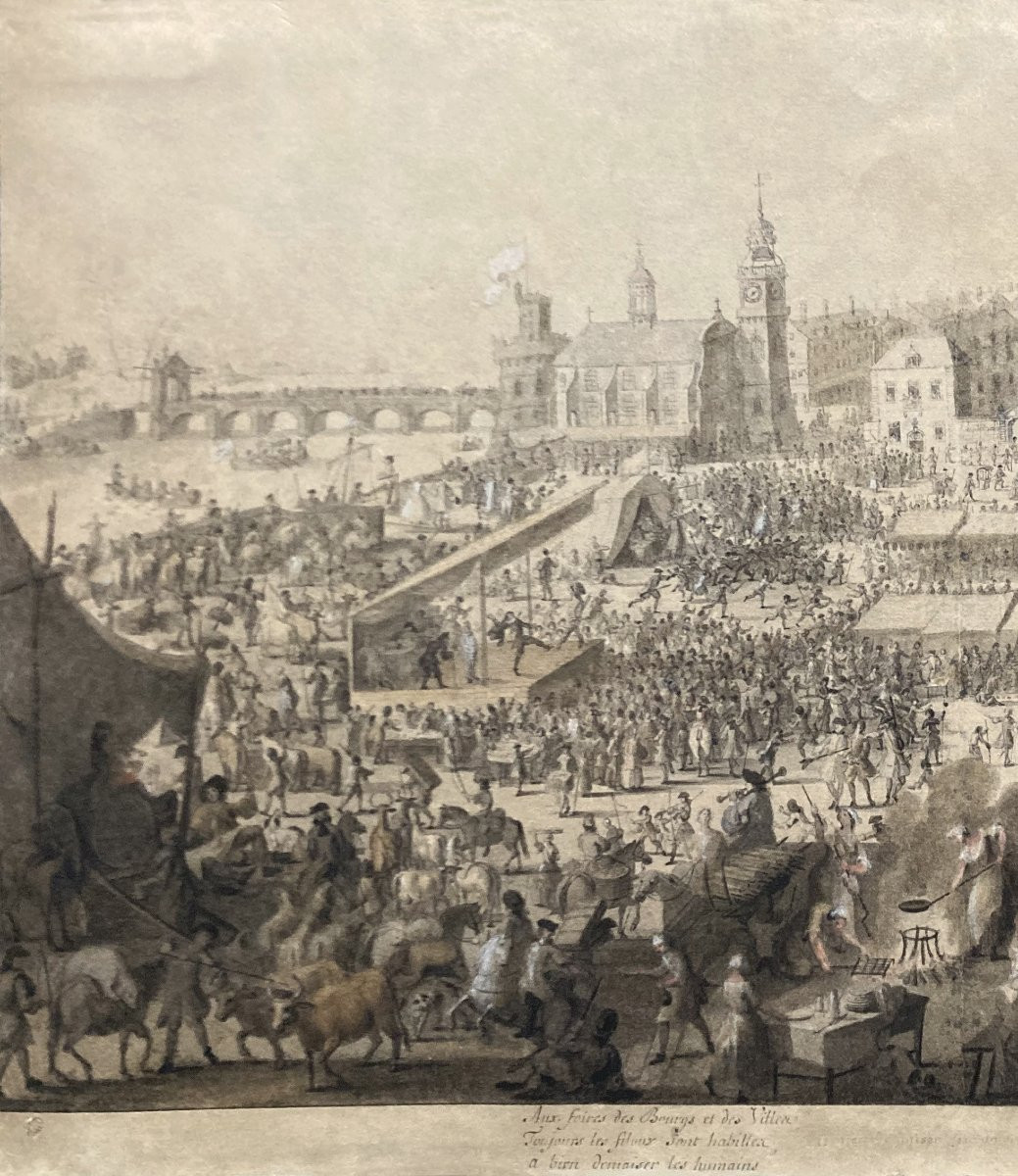 Huguet Jean-françois (1679-1749) Architecte Du Roi "market Scene" Drawing/pen,watercolor,signed-photo-2