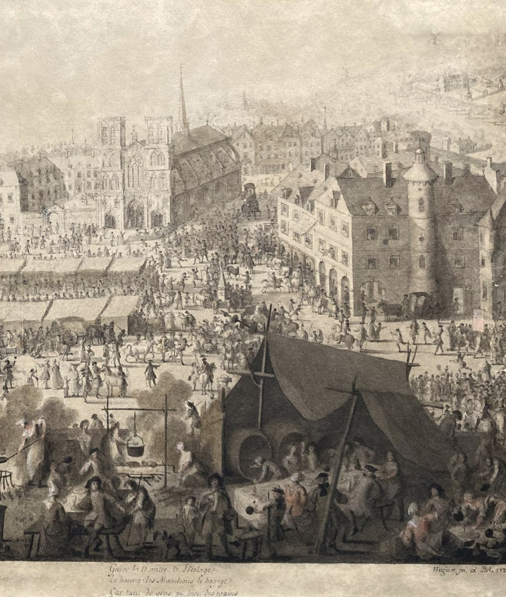 Huguet Jean-françois (1679-1749) Architecte Du Roi "market Scene" Drawing/pen,watercolor,signed-photo-3