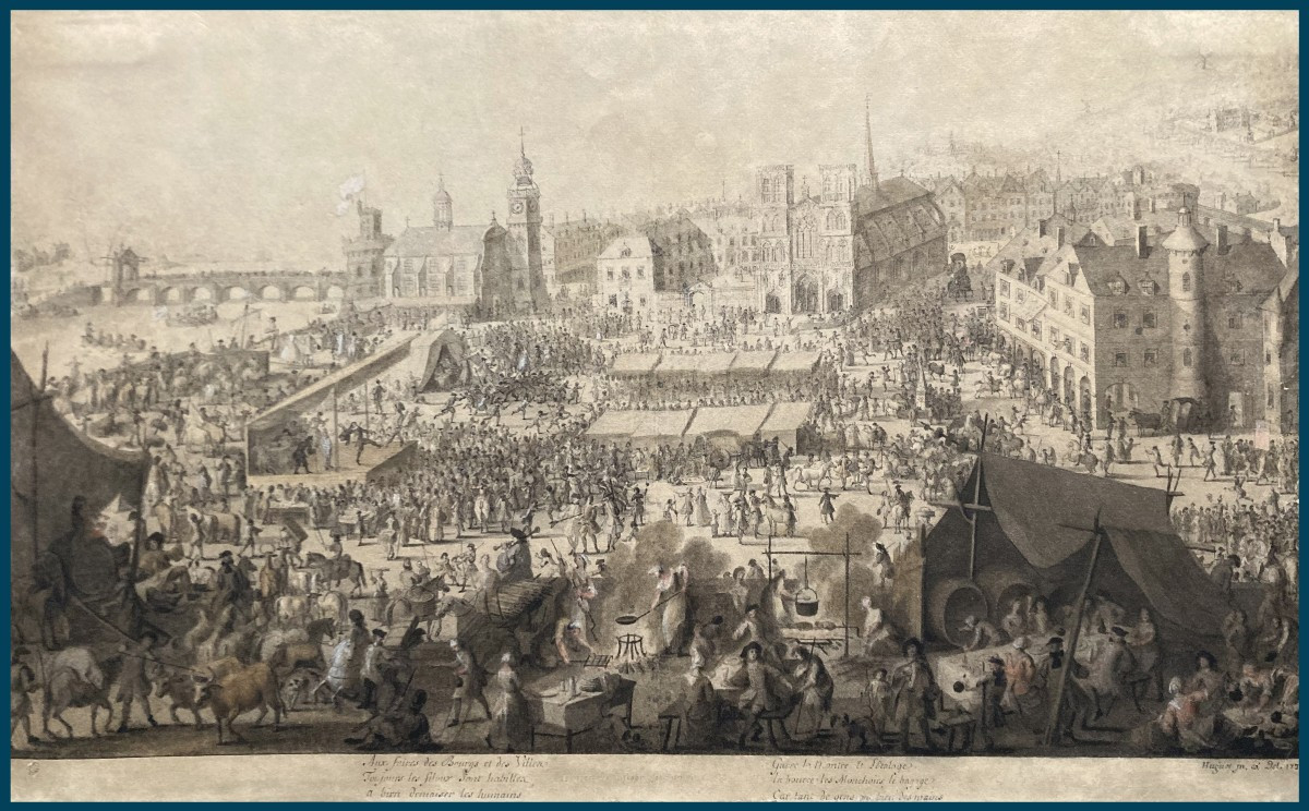 Huguet Jean-françois (1679-1749) Architecte Du Roi "market Scene" Drawing/pen,watercolor,signed