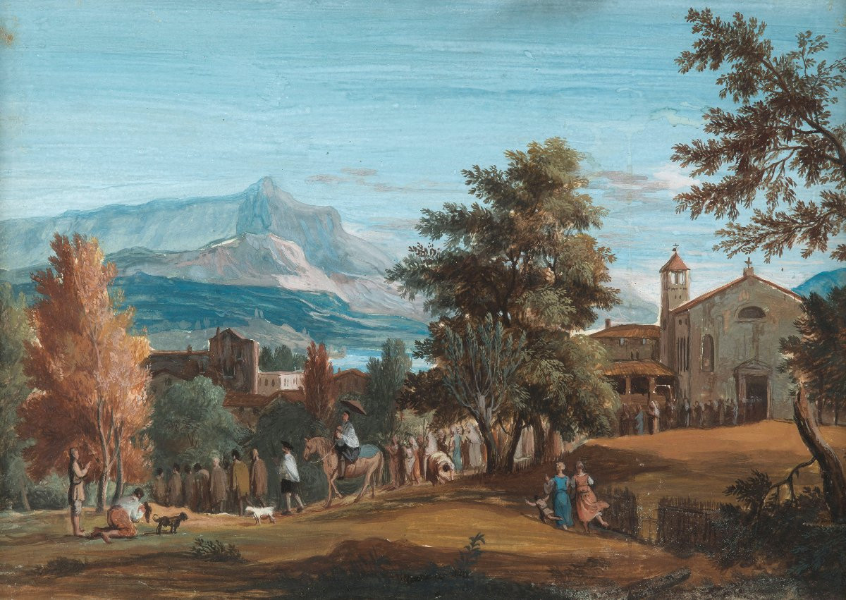 RICCI Marco (1676-1729) "Scène de Procession" Dessin/Gouache, Cadre fin 18e-début 19e siècle-photo-2