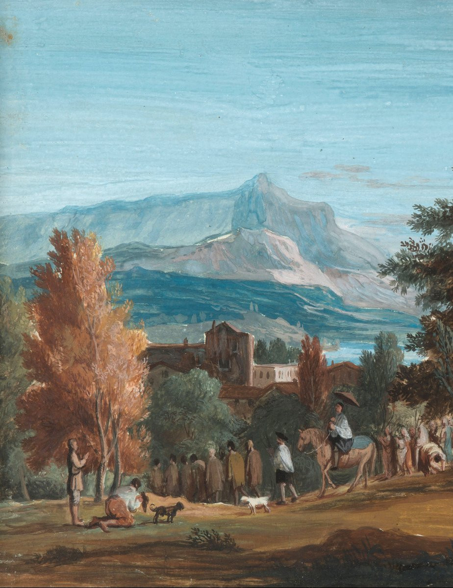 RICCI Marco (1676-1729) "Scène de Procession" Dessin/Gouache, Cadre fin 18e-début 19e siècle-photo-3