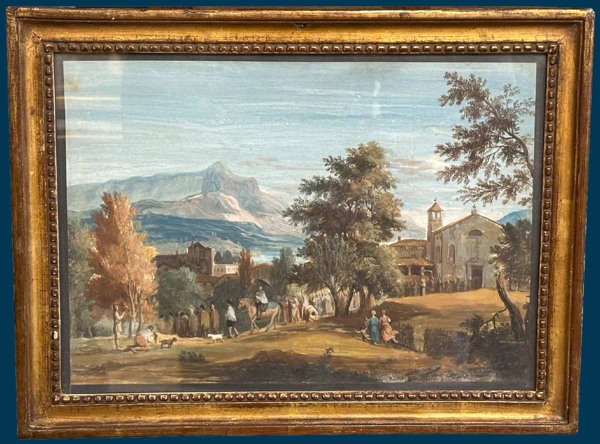 RICCI Marco (1676-1729) "Scène de Procession" Dessin/Gouache, Cadre fin 18e-début 19e siècle