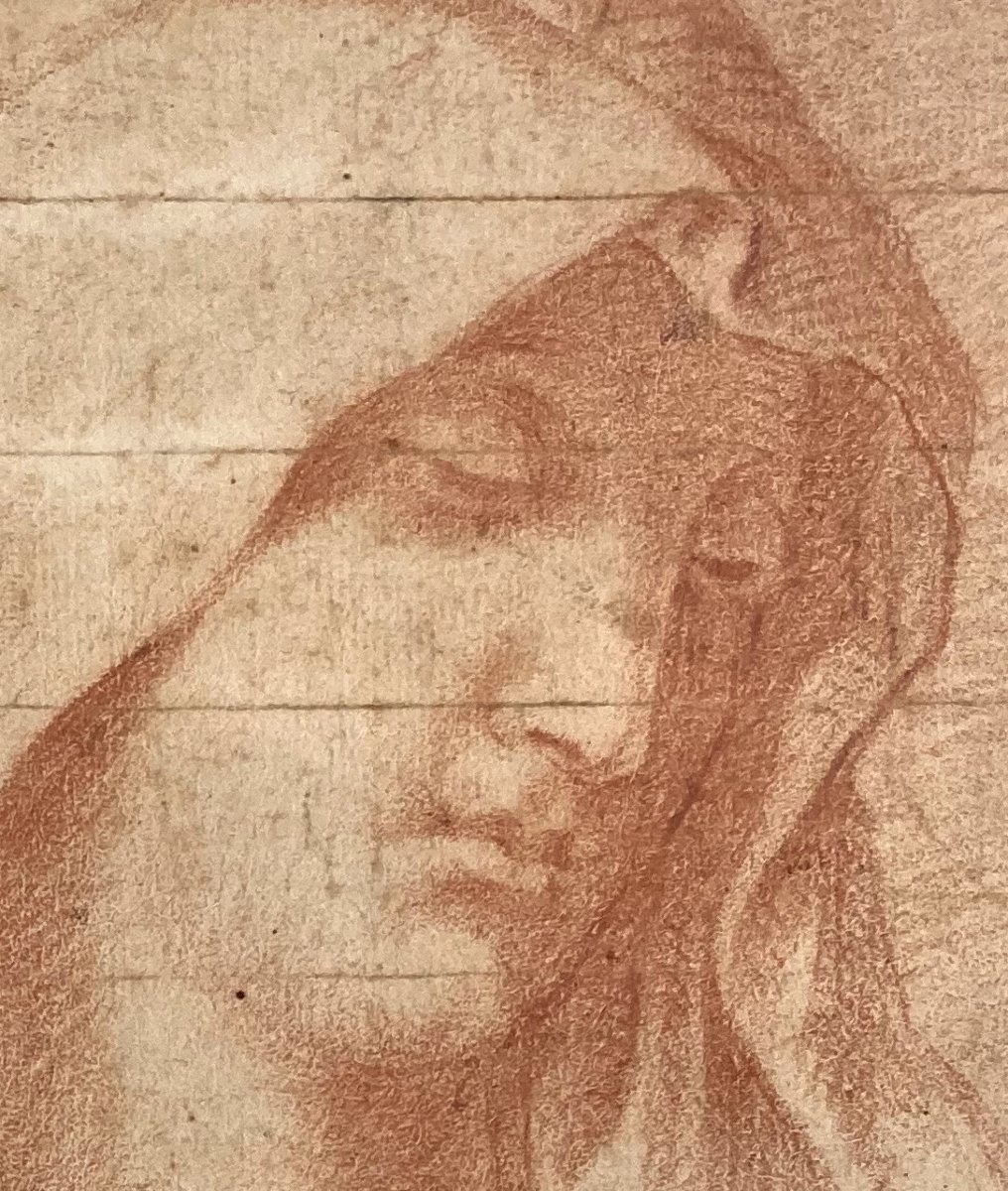 French School Late 17th - Early 18th Century "virgin's Head" Drawing/red Chalk-photo-2