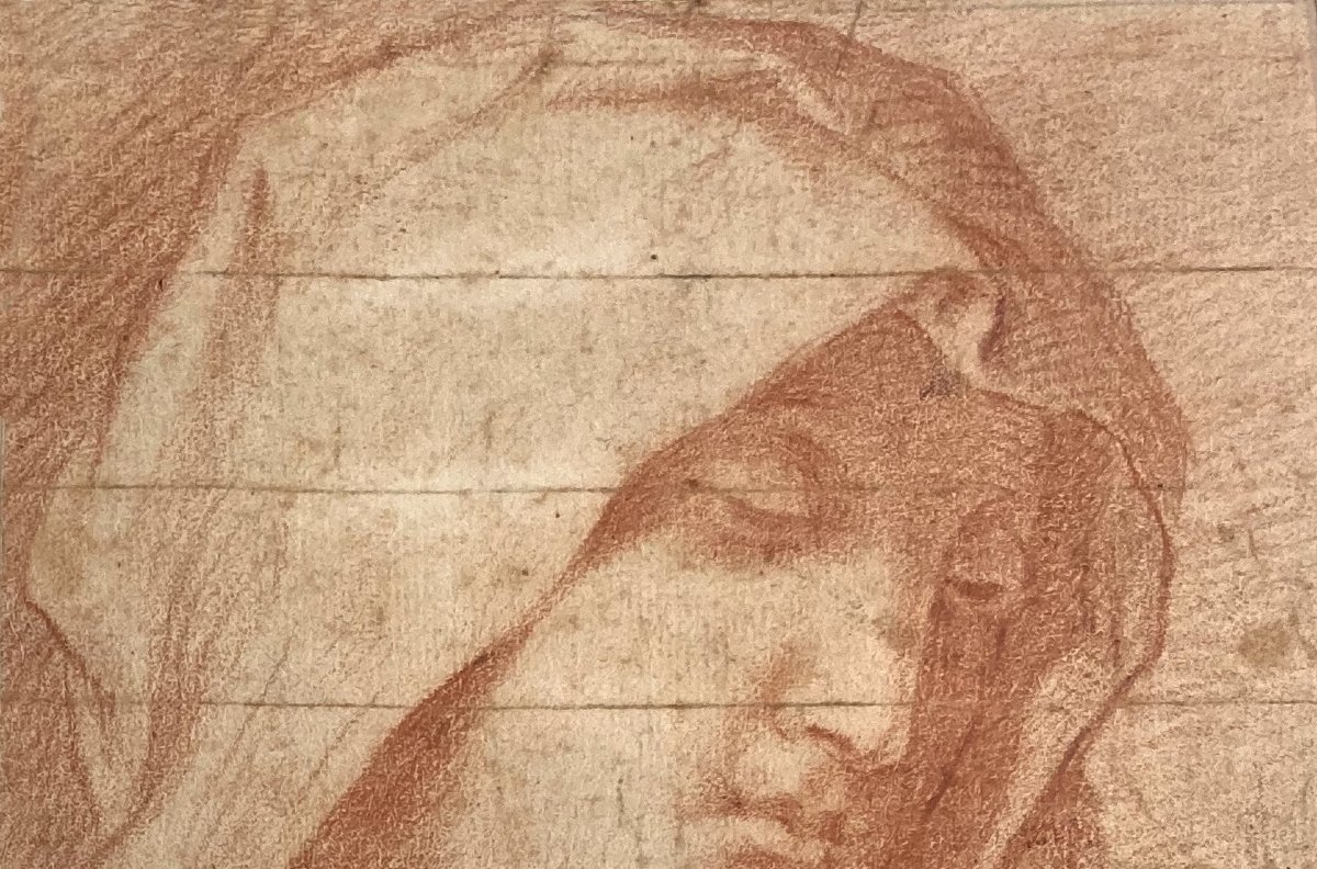 French School Late 17th - Early 18th Century "virgin's Head" Drawing/red Chalk-photo-3